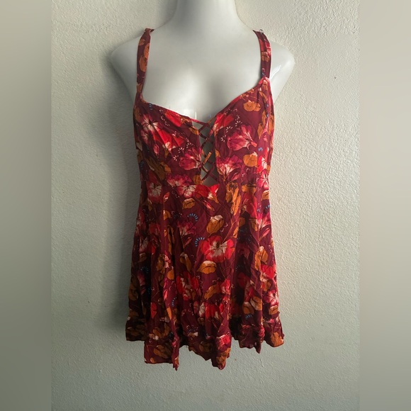 Free People Boho Red Floral Lattice Lovers Slip Mini Dress Red L - Picture 6 of 15